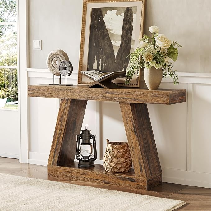 LITTLE TREE 55-Inch Sofa Table with Storage, Farmhouse Console Table for Home, Rectangular Wooden Entryway Furniture for Living Room, Bedroom, Office, Hallway, Brown