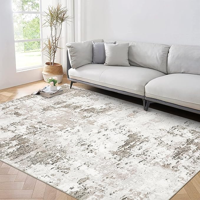Living Room 8x10 Washable Modern Abstract Rug Faux Wool Accent Ultra Soft Non Slip Non Shedding Accent Rug for Bedroom Dining Room Office Home, Taupe/Beige