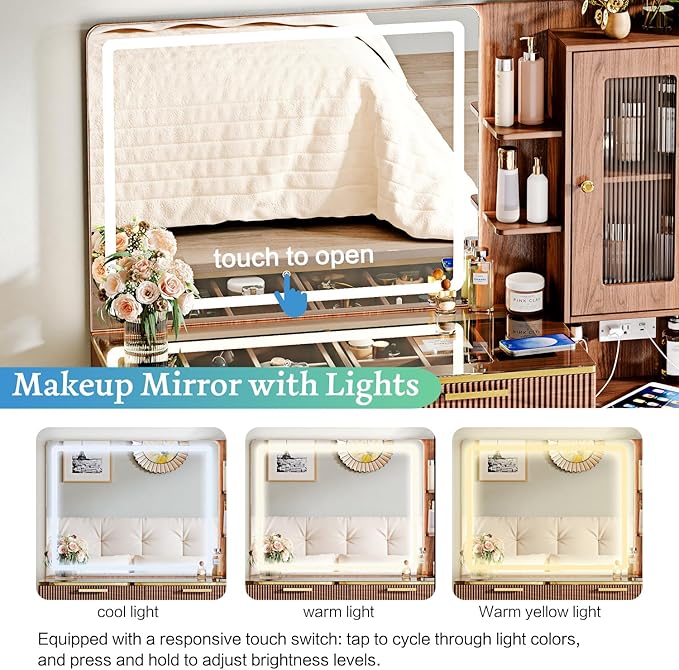 Vanity Desk with 29.53" HD Lighted Mirror, 47.24" Big Modern Vanity Desk with Mirror and Lights, Makeup Vanity with 5 Drawers and Storage Shelves and Charging Station, Walnut1