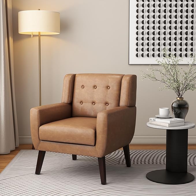 Accent Chair, Mid-Century Modern PU Leather Chairs with Arms for Living Room, Comfy Upholstered Club Single Sofa Armchair for Bedroom Waiting Room with Solid Wood Frame（Leather Brown, Set of 1)