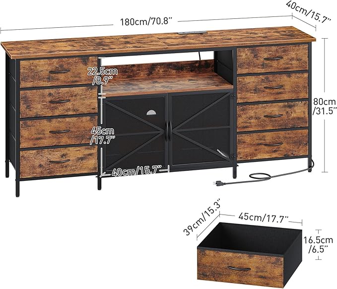 71" TV Stand Dresser for 85/80/75 Inch TV with Power Outlets and LED Lights, Long Dresser with 8 Fabric Drawers, Large Entertainment Center TV Console with Mesh Door for Bedroom, Rustic Brown