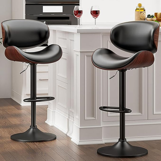 Bar Stools Modern PU Leather Adjustable Swivel Barstools, Kitchen Counter Bar Stool, Island Barstool with Back Set of 2(Black)