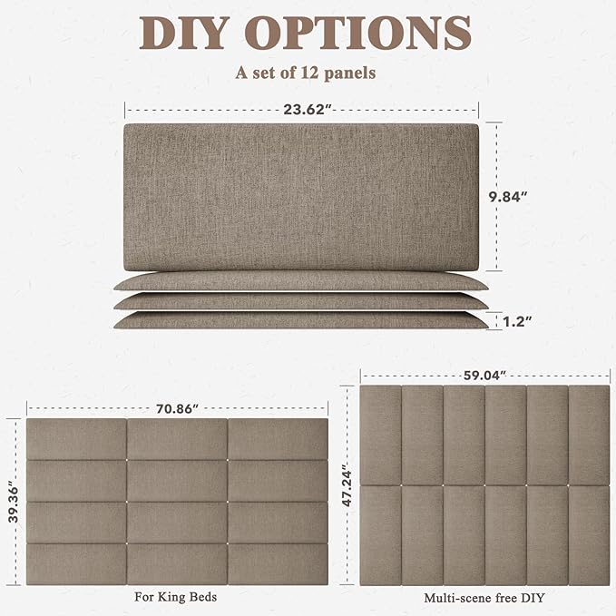 Upholstered Headboard for King Size Bed, Wall Mounted & Peel and Stick Headboard, Soundproof DIY Wall Panels, Fabric Tufted Head board in Modern Design for Bedroom (12 Panels, Each 23.62"x9.84"）