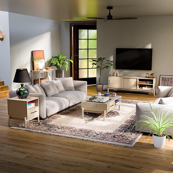 Bme Lyra 65 Inch Solid Wood TV Stand - Easy Assembly - Entertainment Center with Storage - Mid Century TV Console for Living Room, Bedroom, Guest Room, Oak Light Grey