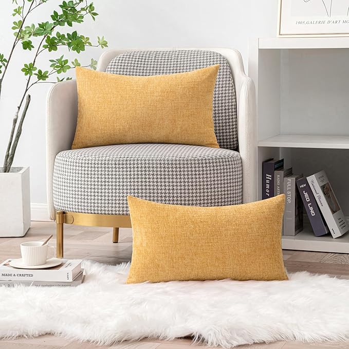 MIULEE Pack of 2 Couch Throw Pillow Covers 12x20 Inch Soft Beige Yellow Chenille Pillow Covers for Sofa Living Room Solid Dyed Pillow Cases