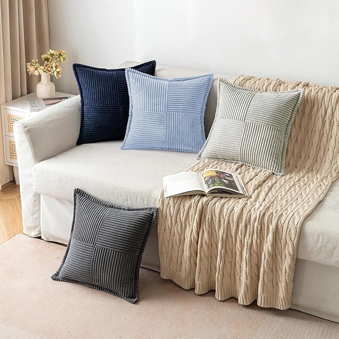 MIULEE Decorative Throw Pillow Covers for Couch Bed Livingroom 20x20 Inch Set of 2 Baby Blue Boho Accent Throw Pllows Broadside Striped Patchwork Soft Corduroy Pillowcases