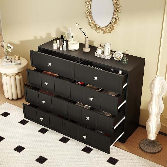 8 Drawer Dresser for Bedroom: 47" Fluted Black Dresser Deep Drawers, Modern Chest of Drawers for Bedroom, Fluted Wood Dressers for Living Room, Hallway