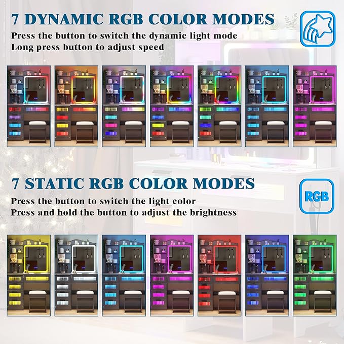 Vanity Desk with Lights and Sliding Mirror, Makeup Vanity Desk with Charging Station, Vanitys Dressing Table with Stool,LED Vanity Set with Large Drawers&Shelves for Bedroom, Decor, Grey