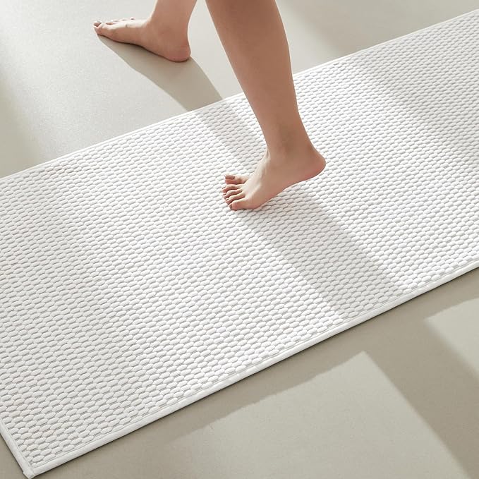 Bathroom Runner Rugs Non Slip Washable Chenille Bath Rug Super Absorbent Long Bath Mat Quick Dry Low Pile, White 24"x70