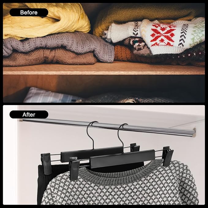 10 Pack Pants Hangers with Adjustable Non-Slip Clips Anti-Rust Hanging Hook for Trouser,Skirts,Jeans,Clothes Hangers Black