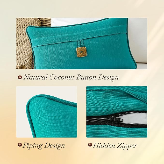 Outdoor Decorative Pillows with Coconut Button Pack of 4, 20" x 12" Outdoor Pillow Set for Couch Bed Throw Patio Sofa, Peacock Blue