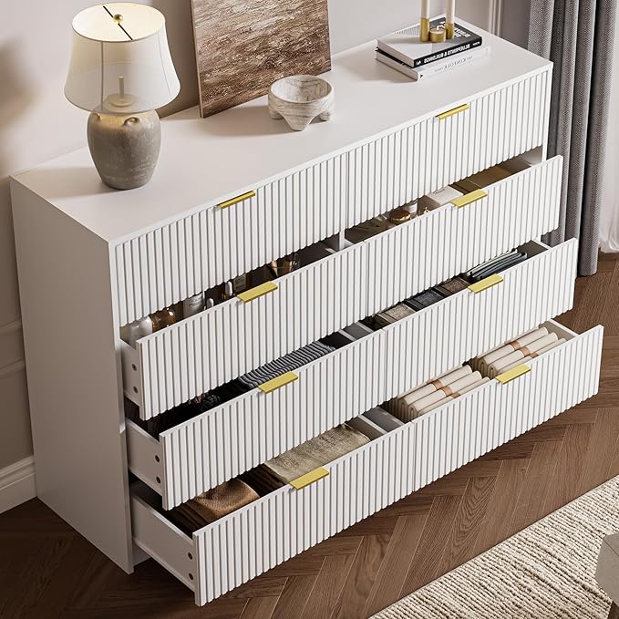 White Dresser for Bedroom, 8 Drawer Double Dresser, Modern Chest of Drawers for Bedroom, Living Room, Entryway and Closet, 55" L x 15.7" D x 37.4" H