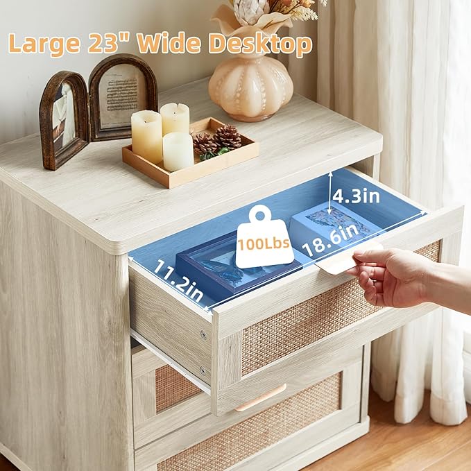 LEYAOYAO Rattan Night Stand Set 2 with Drawers, 23" Large Boho Nightstand, 3 Drawer Grey White Bedside Table Storage Cabinet, Bed Side End Tables Chest of Drawers, Living Room, Hallway, Closet