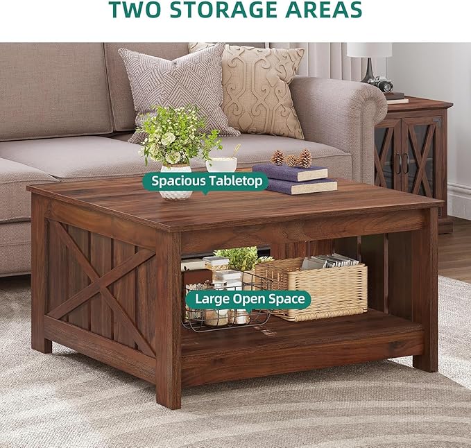YITAHOME Farmhouse Coffee Table with Storage, Coffee Tables for Living Room Rustic Wood Cocktail Table, Square Coffee Table for Living Meeting Room with Half Open Storage Compartment, Walnut