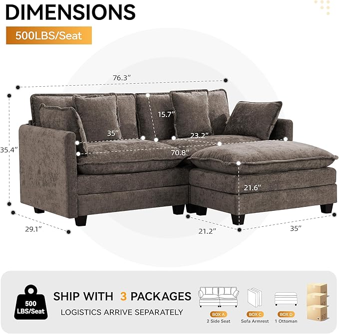 76'' Cloud Deep Seat Loveseat Sofa, Upholstered Chenille Modular 2-Seats Sectional Sofa Couch with Movable Ottoman, Modern Comfy Settee Loveseat for Living Room Set, Small Apartment, Brwon