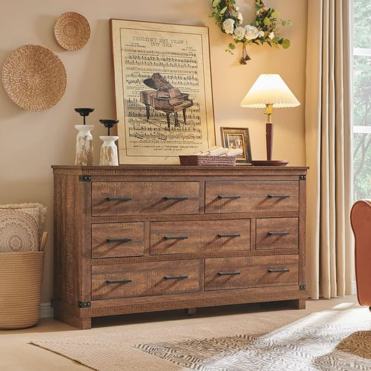 T4TREAM Farmhouse 7 Drawers Dresser for Bedroom, 54" Wide Wood Chest of Drawers w/Natural Texture & Metal Handle, Rustic Storage Dressers Organizer for Living Room, Hallway, Reclaimed Barnwood