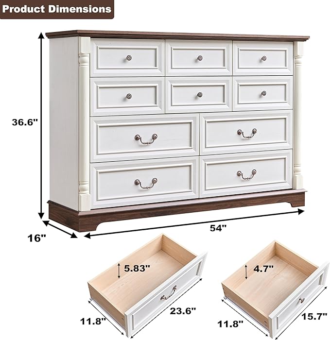 Farmhouse 10 Drawer Dresser with Roman Column Design, 54" Large Wood Chest of Drawers for Bedroom, Living Room, Antique White