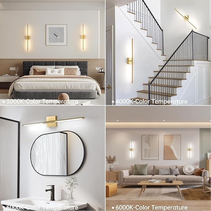 Battery Operated Wall Sconce Set of 2, 10400mAh Rechargeable Wall Sconces, 3000K-6000K Dimmable, 350°Rotate, Indoor Wall Lights for Bedroom Living Room Bathroom, Gold, 31.5 Inch