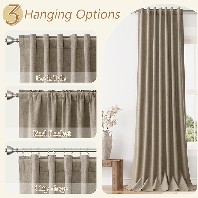 Guken Burlap Blackout Curtains 84 Inch Length 2 Panels Set for Living Room Bedroom Back Tab Thermal Insulated 100% Black Out Linen Drapes Room Darkening Window Curtains 84 Inches Long Burlap