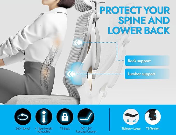 Ergonomic Office Chair - X-Shaped Computer Desk Chair Comfy, Gaming Chair, Office Chair with Lumbar Support, Mesh Office Chairs with Headrests, Desk Chair for Long Hours (Grey Gold)