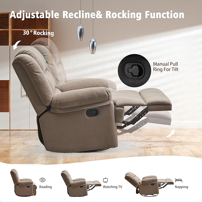 Swivel Rocking Recliner Chair for Adults, Overstuffed Manual Rocker Nursery Recliner Glider, Upholstered Fabric Reclining Single Sofa Chair for Living Room (Mocha)