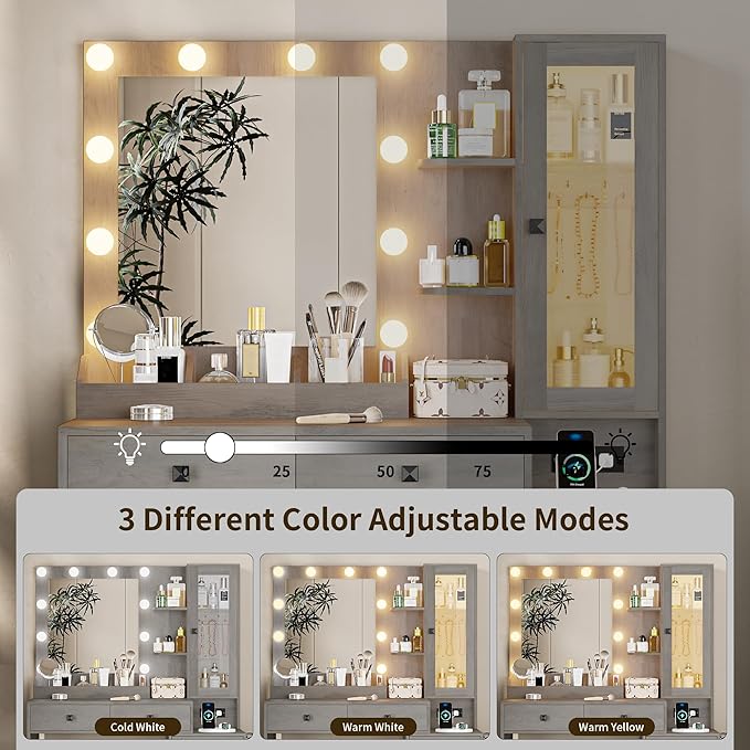 Vanity Desk with Mirror and Lights, Grey Makeup Vanity with 5 Drawers Hidden Jewelry Organizer& LED Glass Cabinet,3 Light Mode and Brightness Adjusted,Vanities Mirror with Lights Desk and Chair