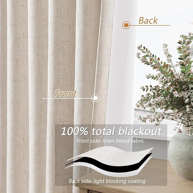 Guken Beige Linen Blackout Curtains 54 Inch Length 2 Panels Set for Living Room Bedroom Back Tab Thermal Insulated 100% Black Out Linen Drapes Room Darkening Window Curtains 54 Inches Long