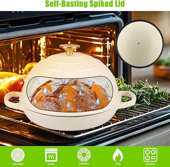 CUKOR 7QT Dutch Oven Pot With Lid, Enameled Cast Iron Dutch Oven For Bread Baking, Non-Stick Bread Pot for Oven/Stovetop, White (Roast, Braising, Stewing, Soups)