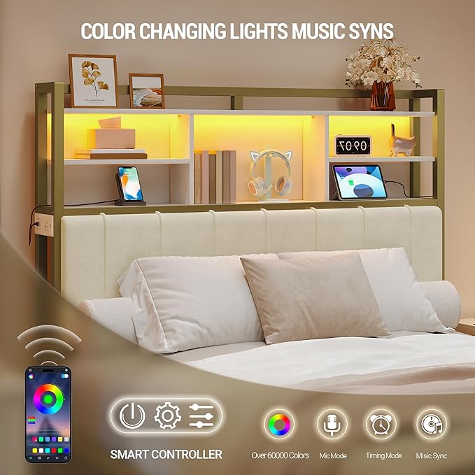 Headboard with 3-Tier Storage Shelves, Velvet Upholstered Head Board with 2 Outlets, USB Ports & LED Light, Soft Backrest for Full Size Bed, White and Gold BH13803A