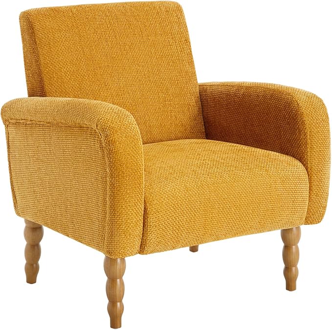 Accent Armchair Set of 2, Mid-Century Modern Living Room Chairs with Gourd-Like Shape Wooden Legs, Chenille Upholstered Single Sofa Reading Chair for Living Room Bedroom Guest Room,Yellow