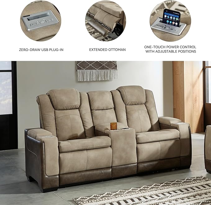 Signature Design by Ashley Next-Gen DuraPella Power Reclining Loveseat with Console & Adjustable Headrest, Sand