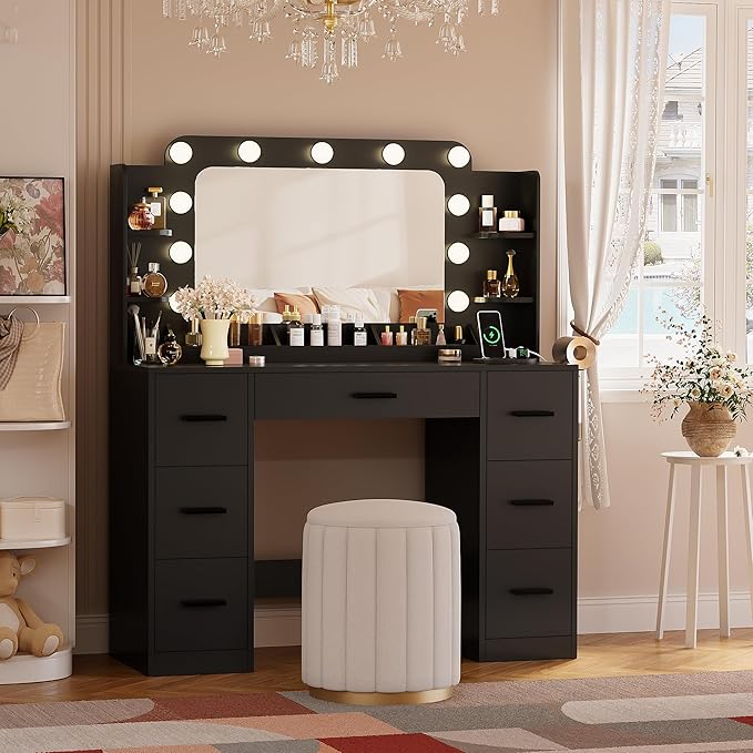 YESHOMY Vanity Desk with Large Lighted Mirror, Power Outlet and 11 Lights, Makeup Table with 7 Drawers and 3 Desktup Storage Units, 3 Color Modes Available for Bedroom, Black
