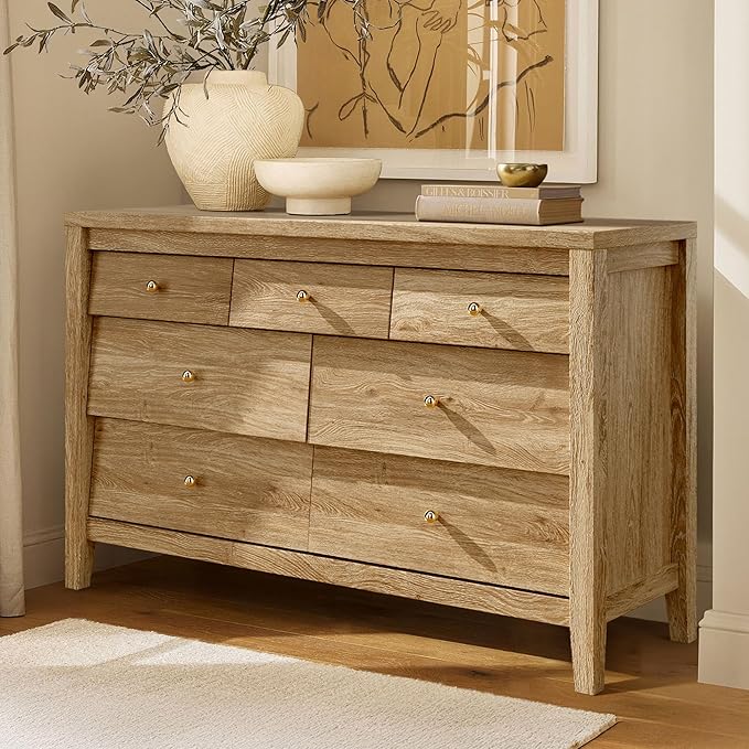 7 Drawers Dresser with Beveled Panel, Farmhouse Chest of Dressers for Bedroom, Wood Dresser TV Stand, Drawer Organizer for Bedroom, Living Room, Hallway, Natural Oak