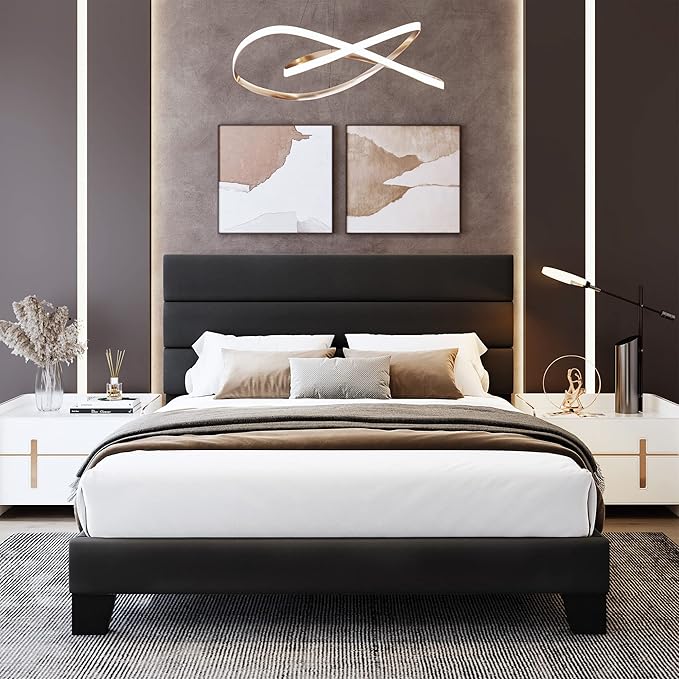 WEEWAY Queen Bed Frame Platform Bed with Velvet Upholstered Headboard and Wooden Slats Support, Heavy Duty Mattress Foundation, No Box Spring Needed, Easy Assembly, Black