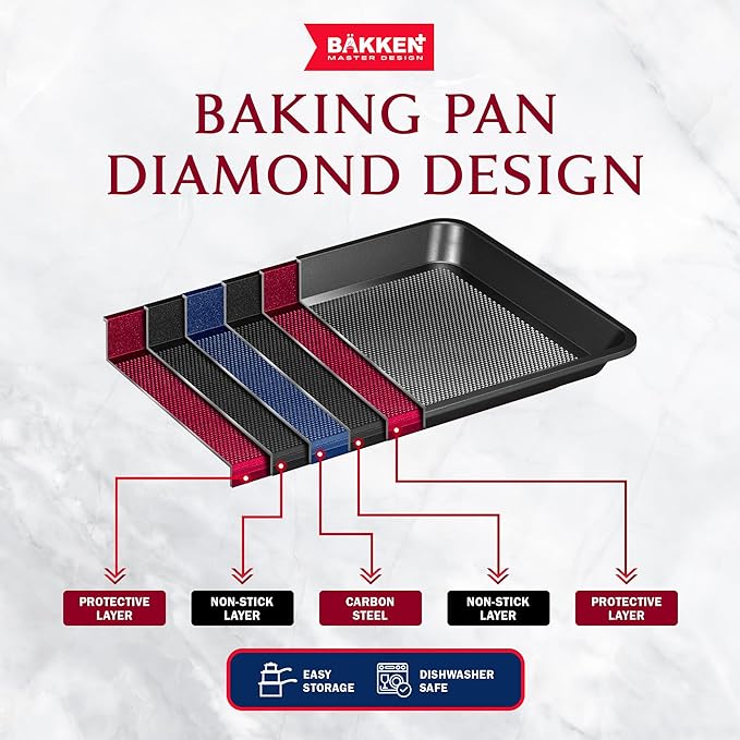 BAKKEN Kitchen Baking Pans - Small, Medium, and Large Cookie Pan (13.58×9.65, 15.75×11, 17.91×12.60), Nonstick, Diamond Texture Bottom, PFOA, PFOS, PTFE Free, Oven Safe Tray (450°F), Pack of 3, Gray