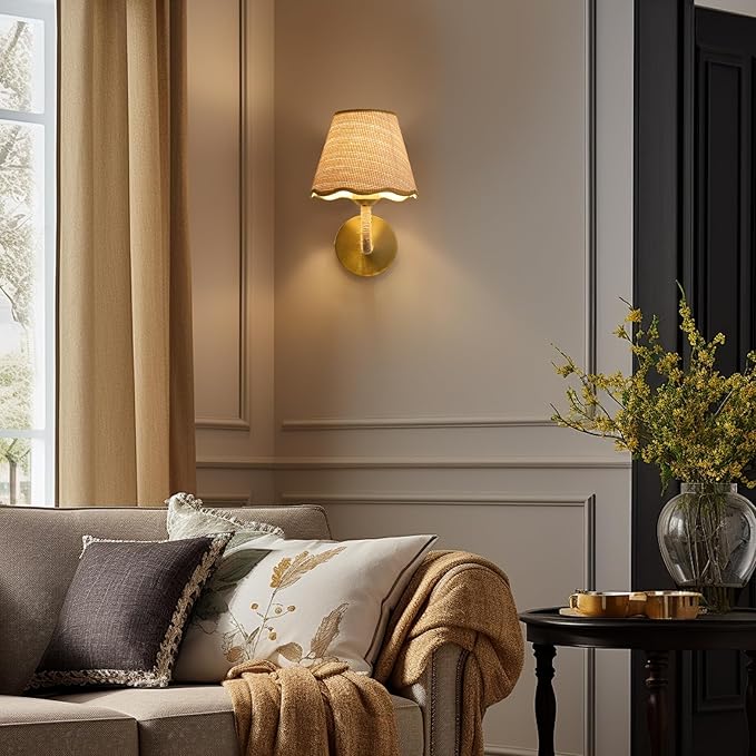 Boho Hand Woven Ratten Wall Sconce, Single Wall Lamp with Grass-Woven Lampshade for Bedroom Living Room Hallway Porch, E26 Base