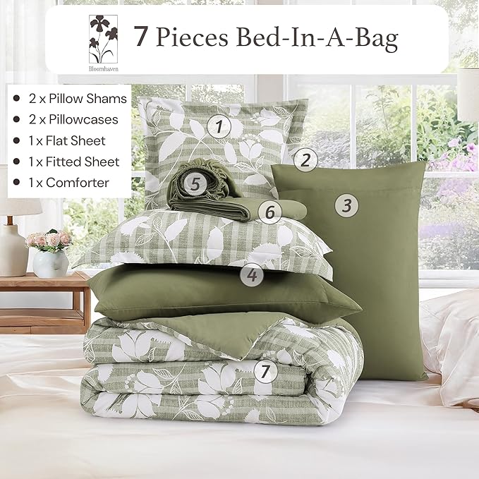 Queen Comforter Set -7 Pieces Sage Green Floral Comforter Set for All Seasons, Bed in a Bag Queen with Botanical Flowers Comforter, Sheets, Pillowcases & Shams