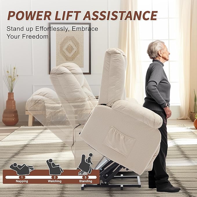 Oversized Dual Motor Power Lift Recliner for Adults, Electric Lift Chair with Heating and Massage, Waffle Fabric Electric Recliner Chair with Side Pockets, Wide Recliner for Living Room