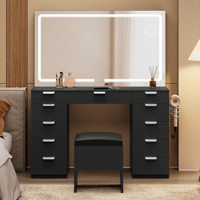 DWVO Makeup Vanity with Large Mirror and Lights, 46" Vanity Desk Dressing Table Set with 11 Drawers & Storage Stool, Dressing Table with Power Outlet and Magnifying Glass, Dressing Room, Black