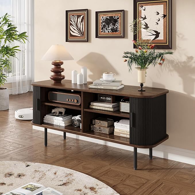 47" Modern Fluted TV Stand for TVs up to 60 Inch , Gaming Entertainment Center with Tambour Slatted Sliding Doors and Storage Cabinet, Media TV Consoles Table for Living Room, Office, Black