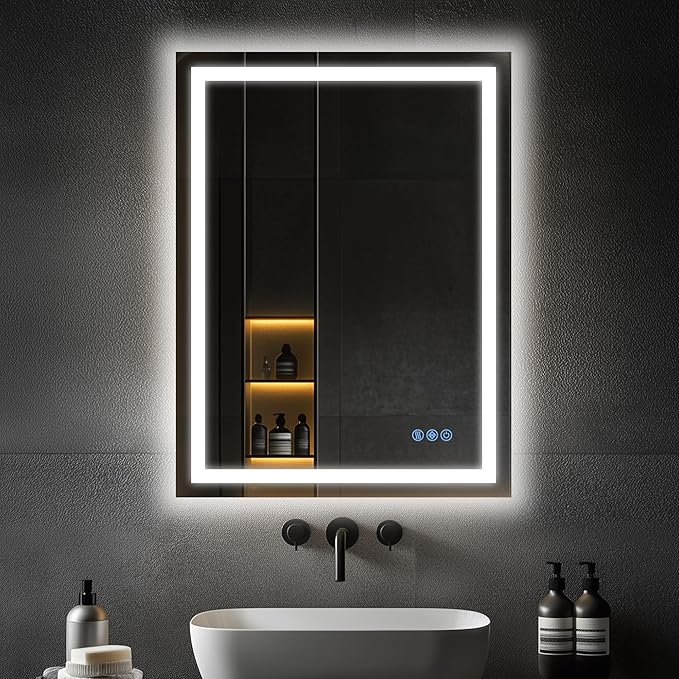 Antok 24"x 36" LED Bathroom Mirror with Lights, Anti-Fog, Dimmable, Lighted Vanity Mirror with Tempered Glass, Memory Function, 3 Light Modes, Safe Use, Horizontal, Vertical