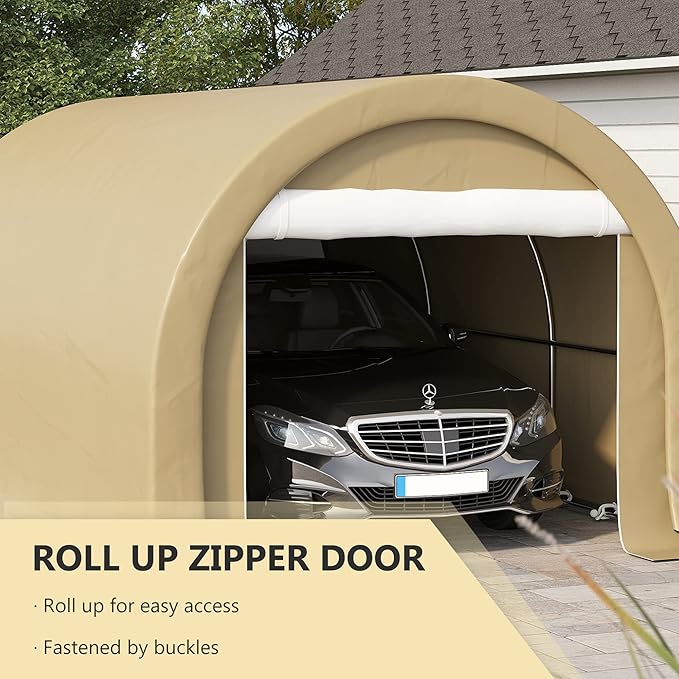 Outsunny 10' x 16' Carport, Heavy Duty Portable Garage Storage Tent with Large Zippered Door, Anti-UV PE Canopy Cover for Car, Truck, Boat, Motorcycle, Bike, Garden Tools, Outdoor Work, Beige