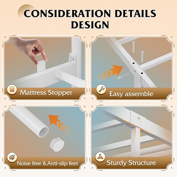WLIVE Queen Bed Frame with Headboard, Bed Frame Queen Size with LED Lights and Charging Station, Metal Bed Frames with Storage, White