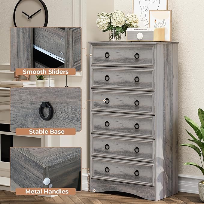 6 Drawer Dresser Tall, 52" Tall Grey Dresser for Bedroom, Chest of Drawers, Large Storage Organizer for Clothes, Grey Vintage, for Living Room, Bedroom, Hallway
