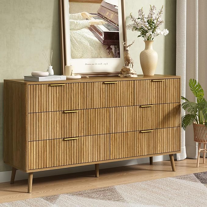 CARPETNAL Fluted 7 Double Drawers Dresser for Bedroom, 55”Wide Modern Chest of Drawers with Deep Drawers,Curved Profile Design, Wood Drawer Organizer for Living Room, Natural Oak