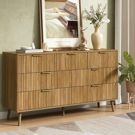 CARPETNAL Fluted 7 Double Drawers Dresser for Bedroom, 55”Wide Modern Chest of Drawers with Deep Drawers,Curved Profile Design, Wood Drawer Organizer for Living Room, Natural Oak