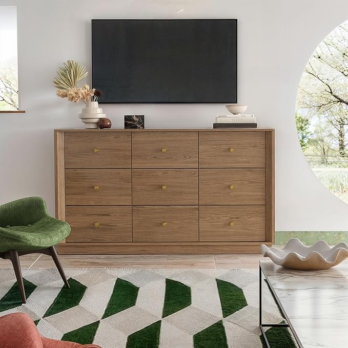 9 Drawer Dresser, Mid Century Modern Dresser with Storage, 55" Wide Chest of Drawers with Wood Grain Texture, Drawers Organizer for Bedroom, Living Room, Hallway, Walnut