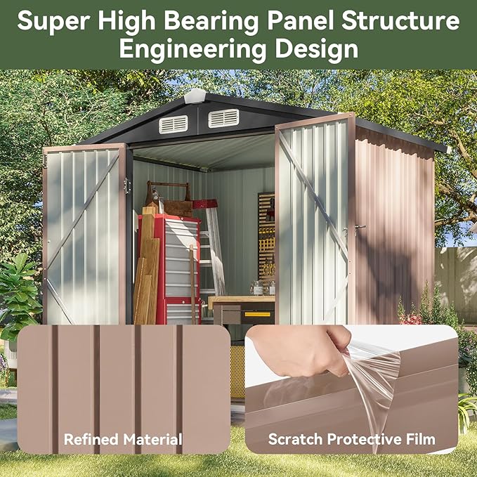 Aoxun 6.2x4 FT Shed Outdoor Storage Shed with Lockable Doors & Slooping Roof Metal Garden Tool Shed for Backyard, Patio, Poolside (Brown)