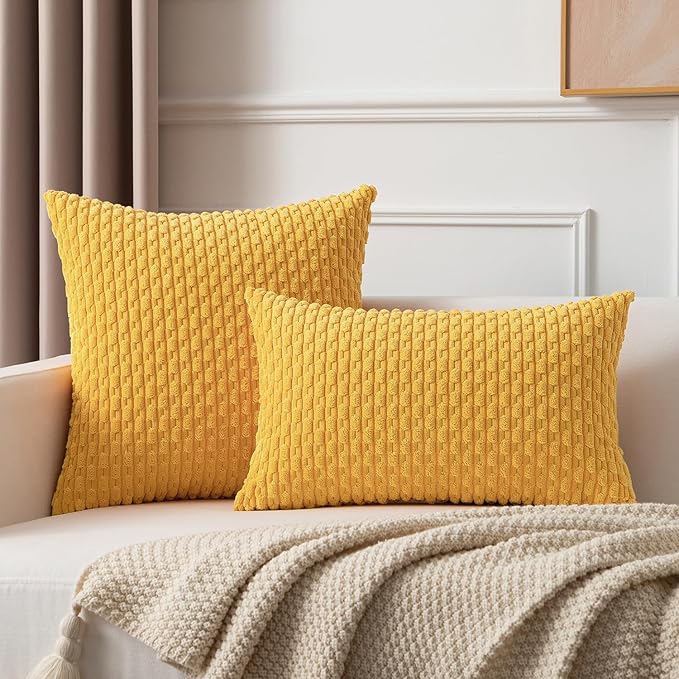 Kevin Textile Set of 2 Decorative Pillow Cover Solid Striped Corduroy Plush Velvet Cushion Cover for Couch Machine Washable Pillowcase 50cm 20 x 20 Inch Yellow