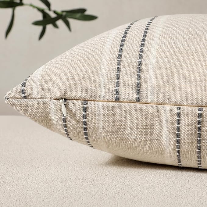 Hckot Hand Made Throw Pillow Covers 12x20 Set of 2 Striped Pillow Covers Textured Linen Decorative Pillows Lumbar Cushion Covers for Sofa Couch Bed Living Room Farmhouse Decor, Grey